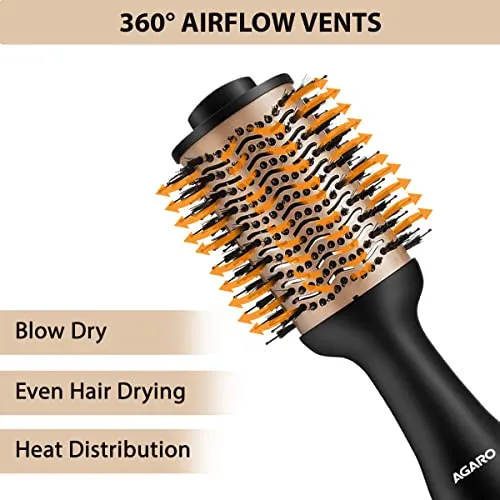 AGARO HV2179 1200 Watts Professional Volumizer Hair Dryer, 24K Gold Styling Surface, Activated Charcoal Bristles, Ceramic Tourmaline Coating Brush Head, One Step Styler, Hot Air Blow Brush for Women