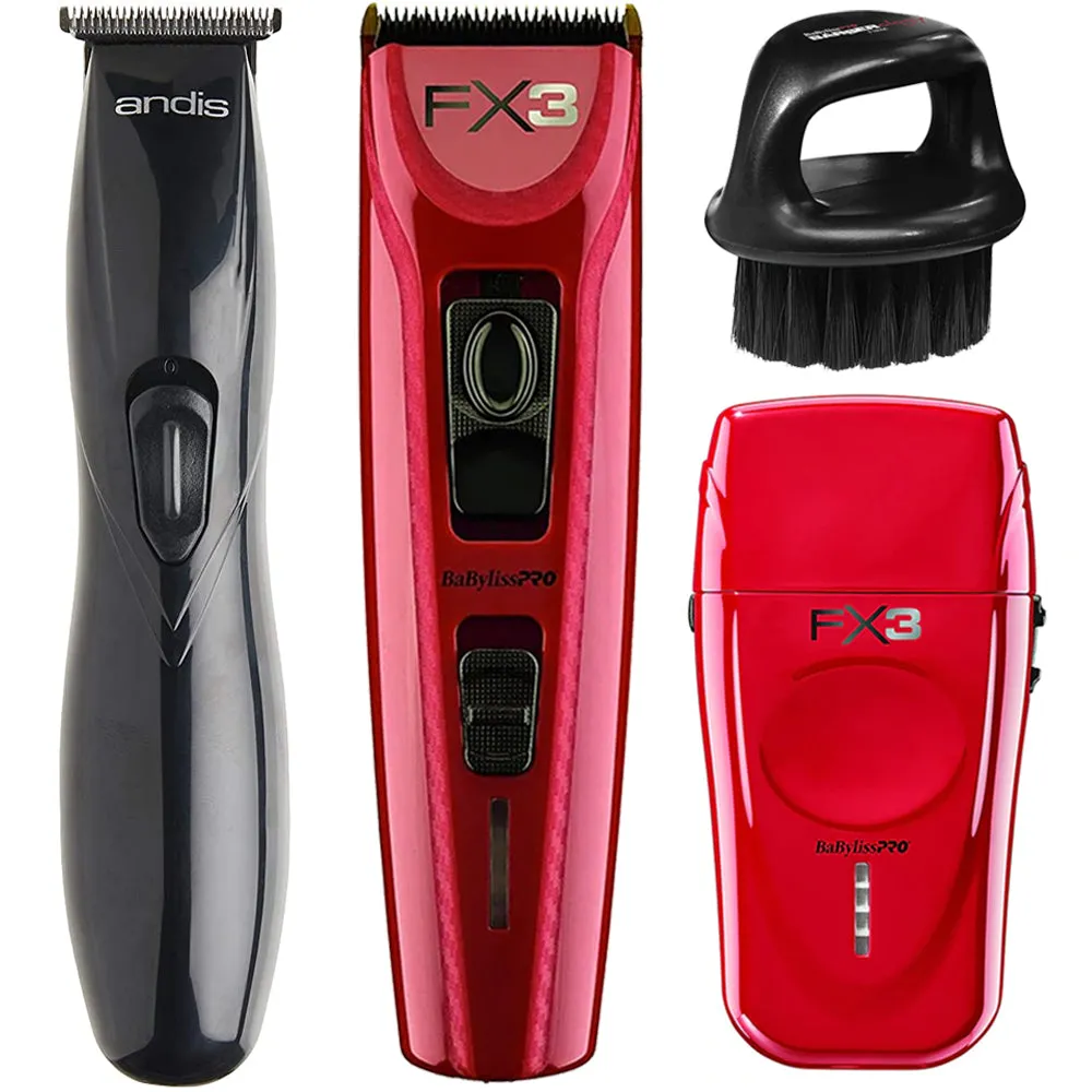 Andis 32475 Slimline Pro Li-ion T-blade Trimmer   Babyliss Pro FX3 High Torque Clipper and Double Foil Gold Titanium Shaver Bundle