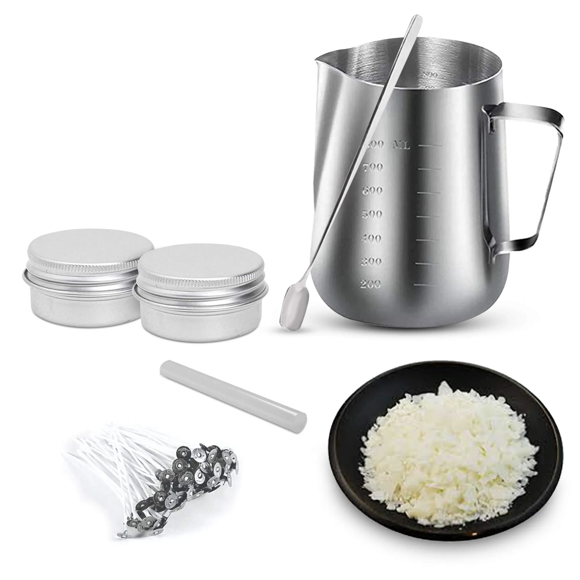 AuraDecor Candle Making Kit - 1 Wax Pouring Kettle (800ml), 1/2 Kg Soy Wax, 20 Wick (3 inch), 1 Glue Stick, 1 Stirring Spoon & 2 Containers, White