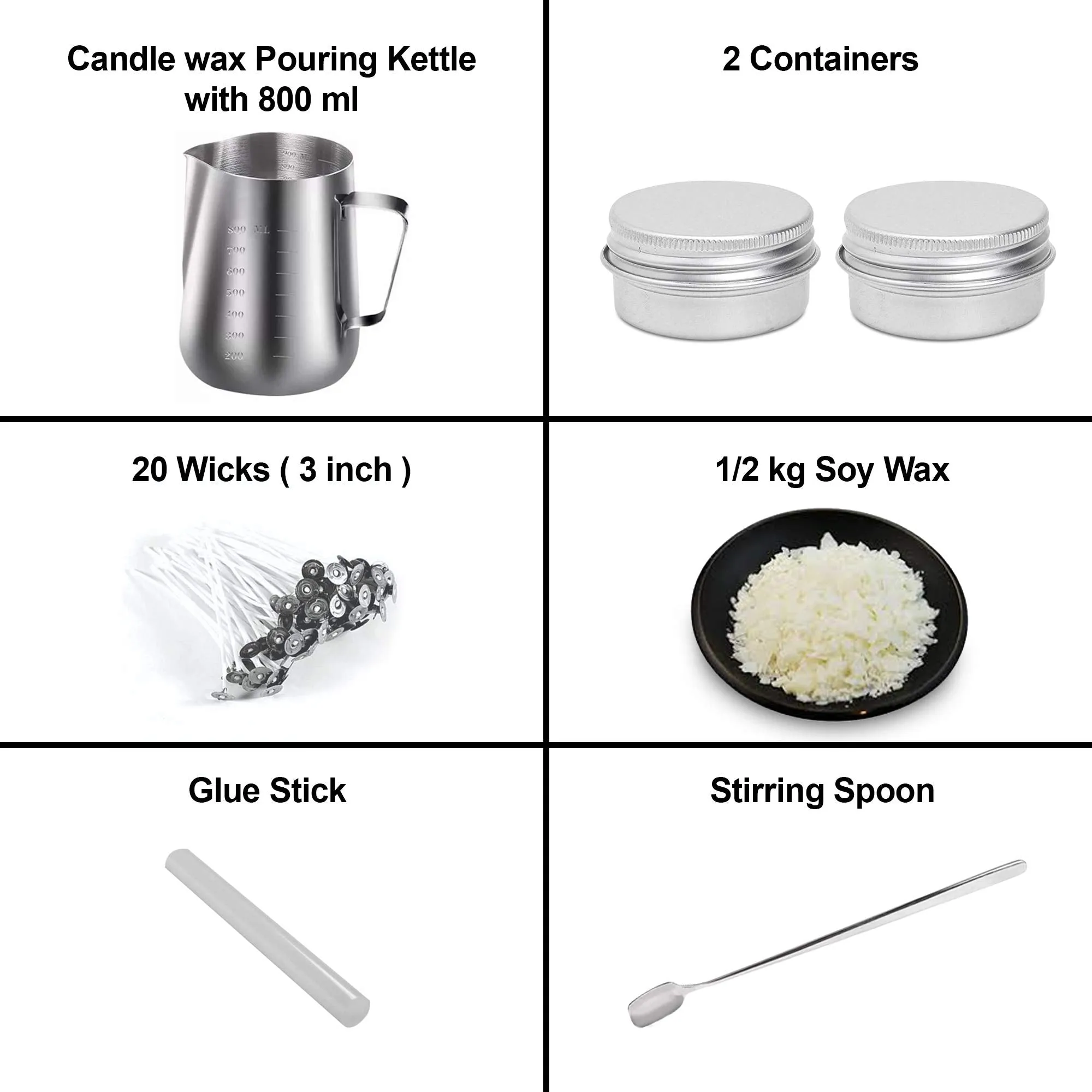 AuraDecor Candle Making Kit - 1 Wax Pouring Kettle (800ml), 1/2 Kg Soy Wax, 20 Wick (3 inch), 1 Glue Stick, 1 Stirring Spoon & 2 Containers, White