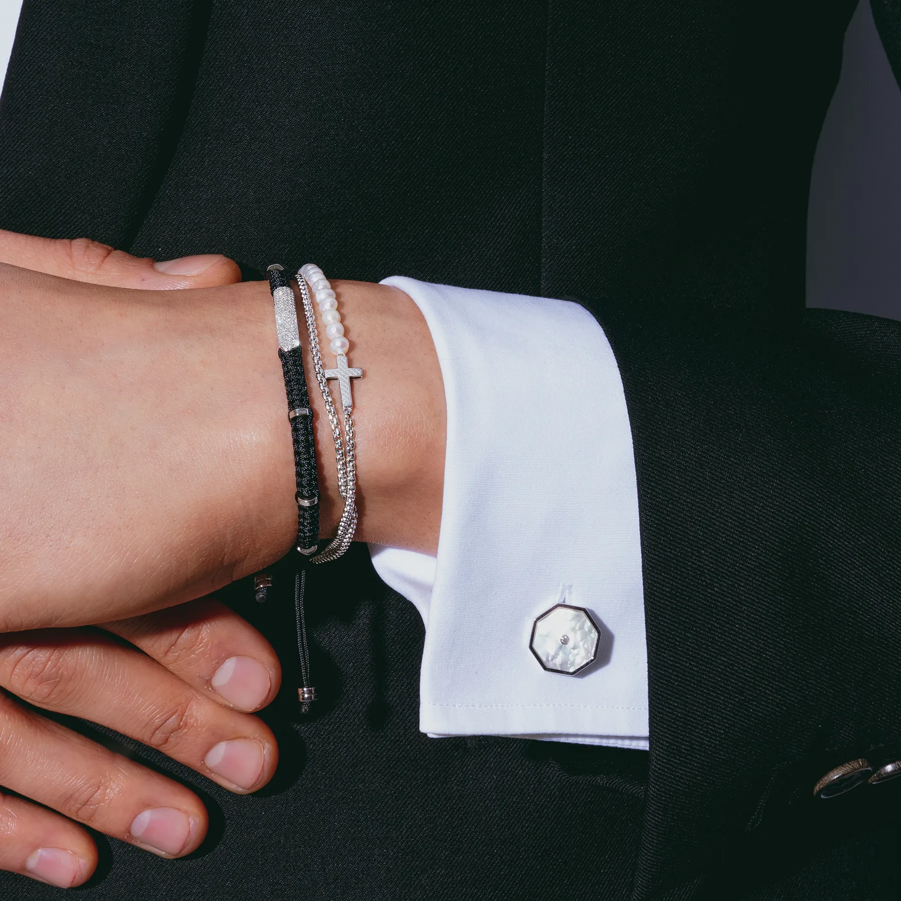 Classic London Eye Cufflinks in Rhodium Plated Silver with White Diamonds and MOP