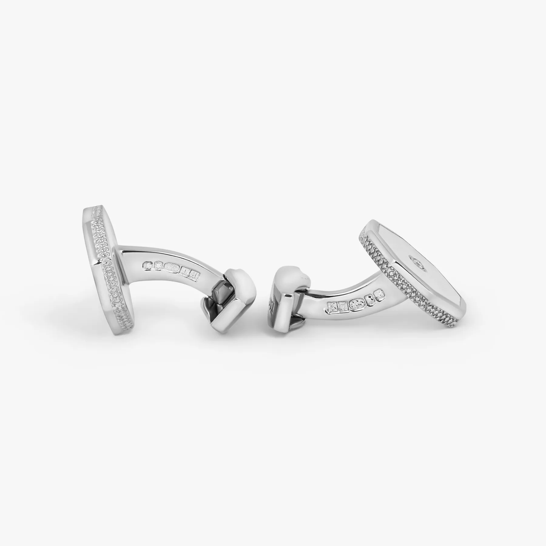 Classic London Eye Cufflinks in Rhodium Plated Silver with White Diamonds and MOP