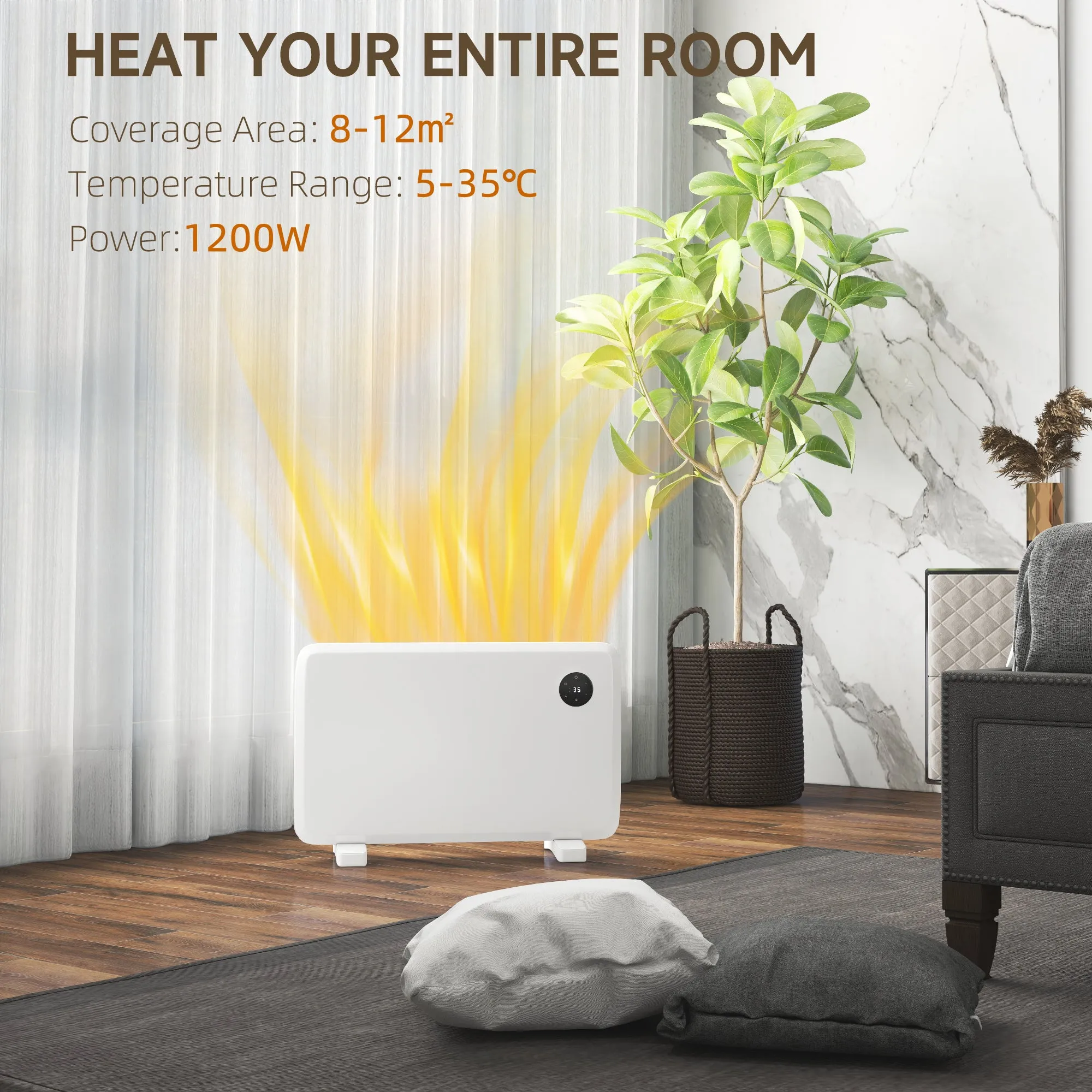 Electric Convector Heater, Quiet Space Heater w/ LED Display, White