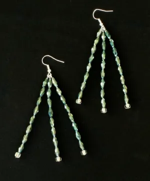 Forest Green Crystal Rice Bead 3-Strand Long Dangles with Glass Triangles and Sterling Silver