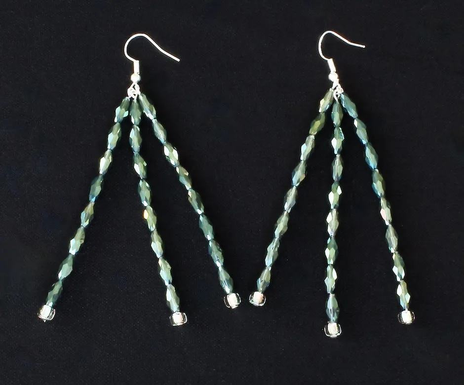 Forest Green Crystal Rice Bead 3-Strand Long Dangles with Glass Triangles and Sterling Silver