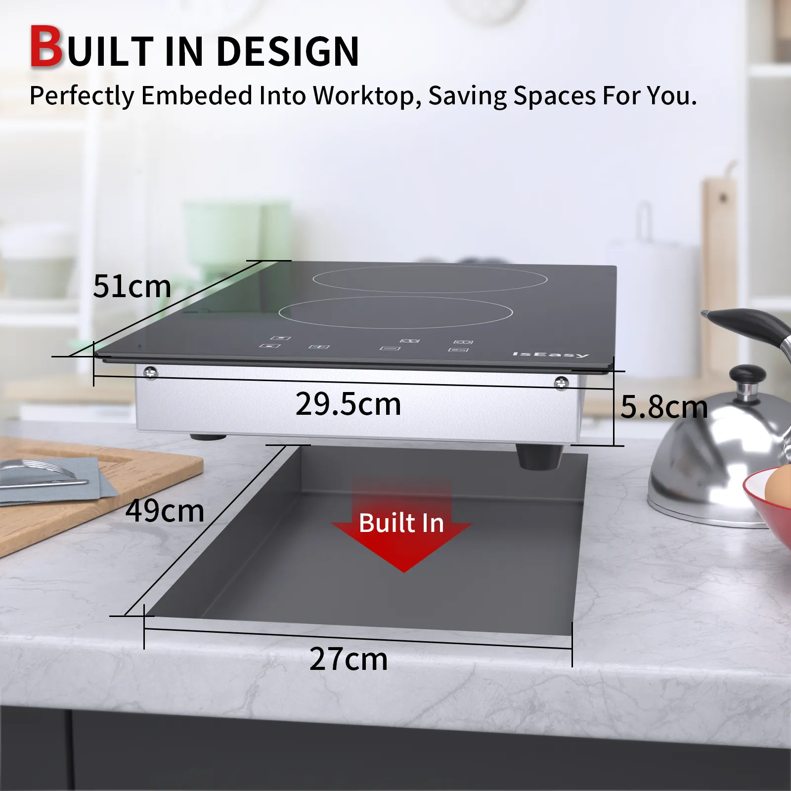 IsEasy 3000W Domino Glass Ceramic Hob, 12" Double Cooking Zones, 9 Heat Settings, Touch Control, Child Lock