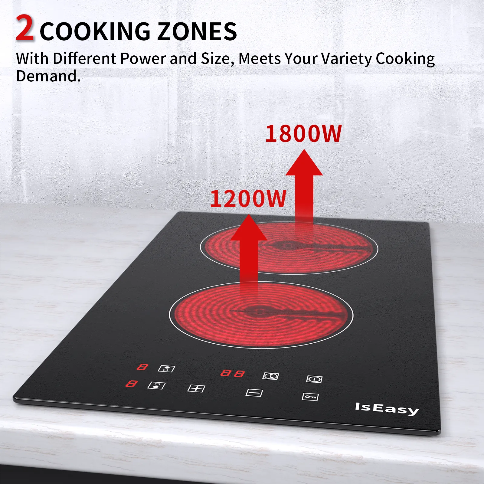 IsEasy 3000W Domino Glass Ceramic Hob, 12" Double Cooking Zones, 9 Heat Settings, Touch Control, Child Lock