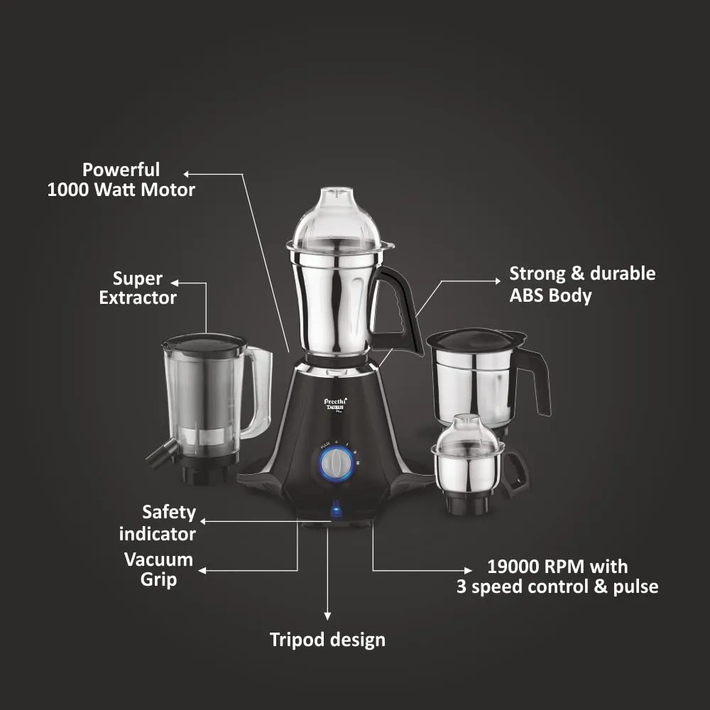 Preethi Taurus Plus MG-257 Mixer Grinder, 1000 Watt, Blue/Black 4 Jars - Super Extractor Juicer Jar