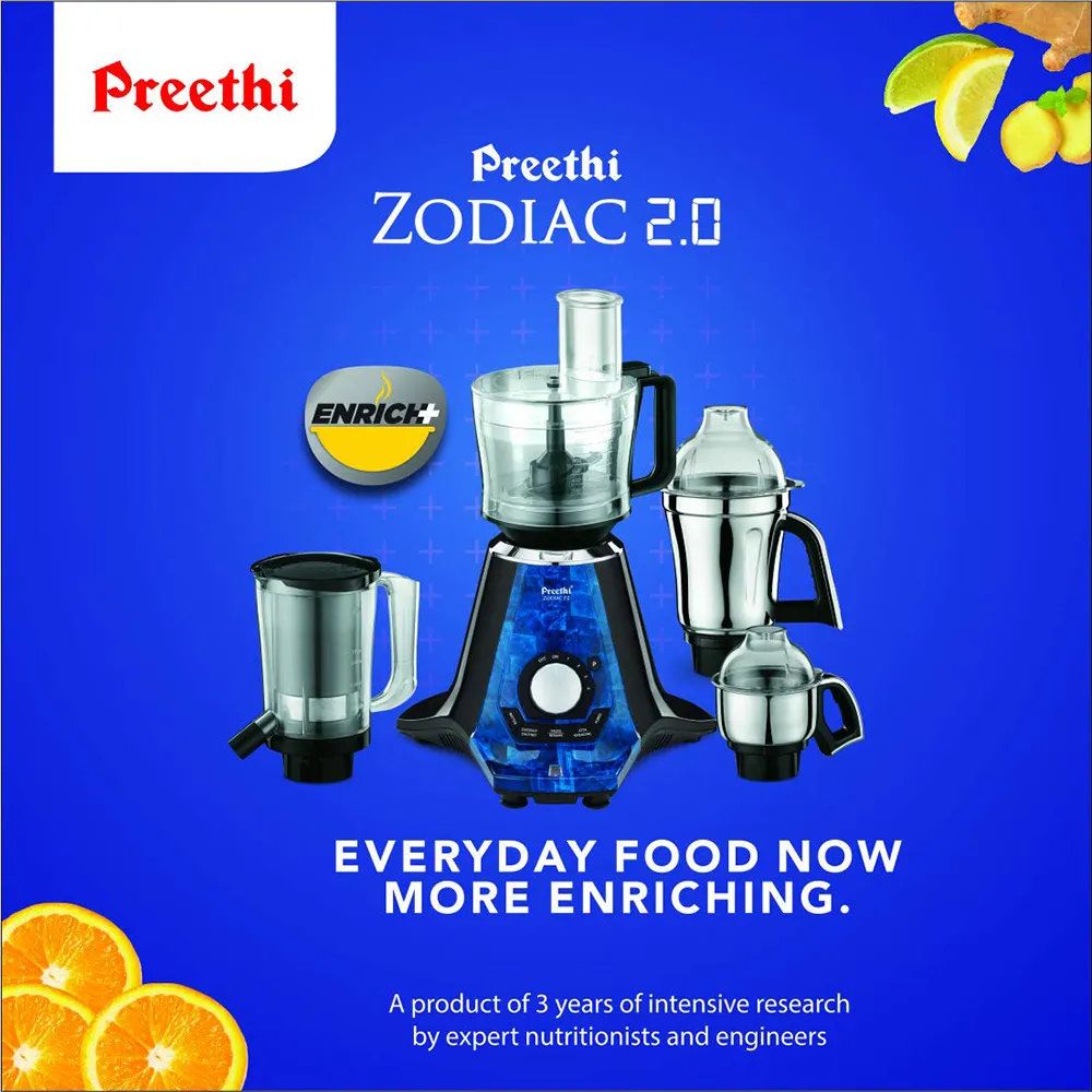 Preethi Zodiac 2.0 1000-Watt Mixer Grinder with 4 Jars