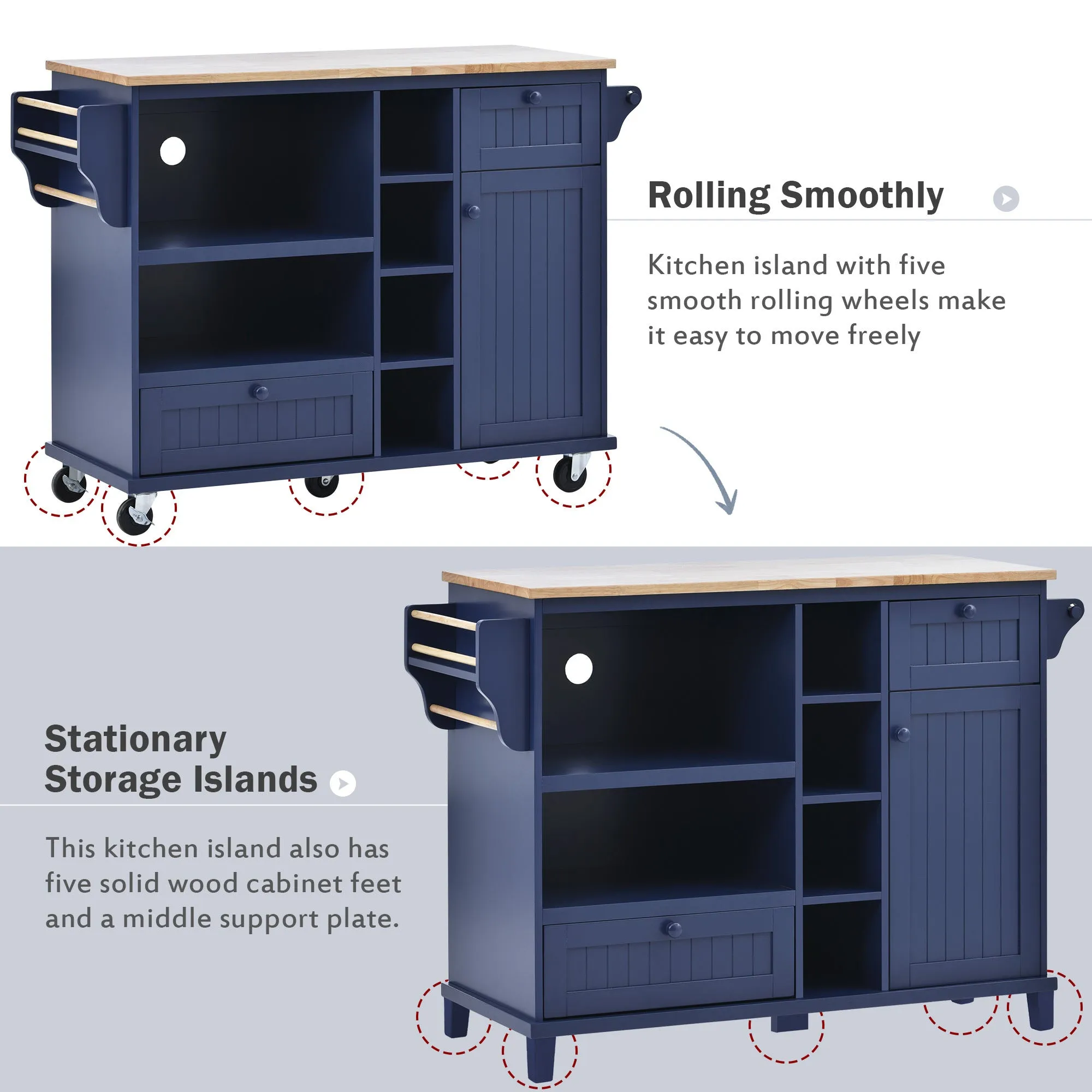 Retro Kitchen Island Cart with Storage Cabinet -Dark blue