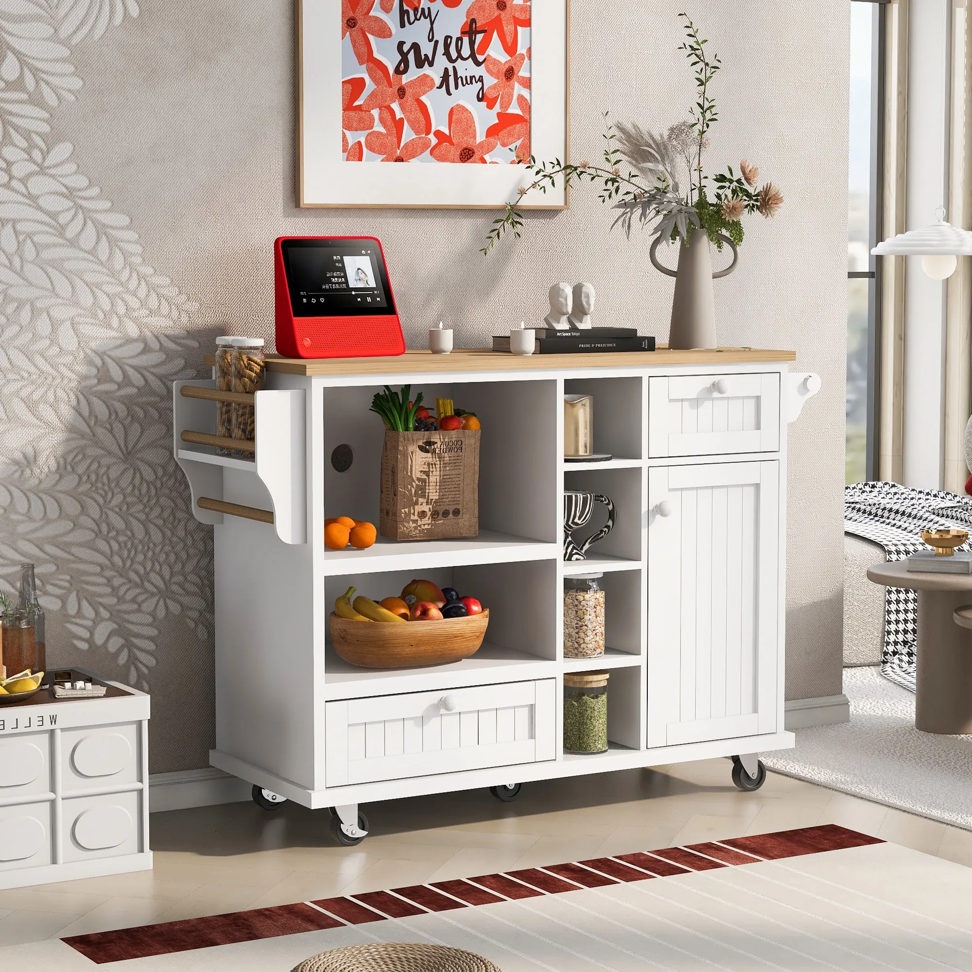 Retro Kitchen Island Cart with Storage Cabinet - White