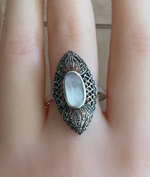 Sterling Silver 925 MOP Mother or Pearl Marcasite Navette Ring Sz 11.75