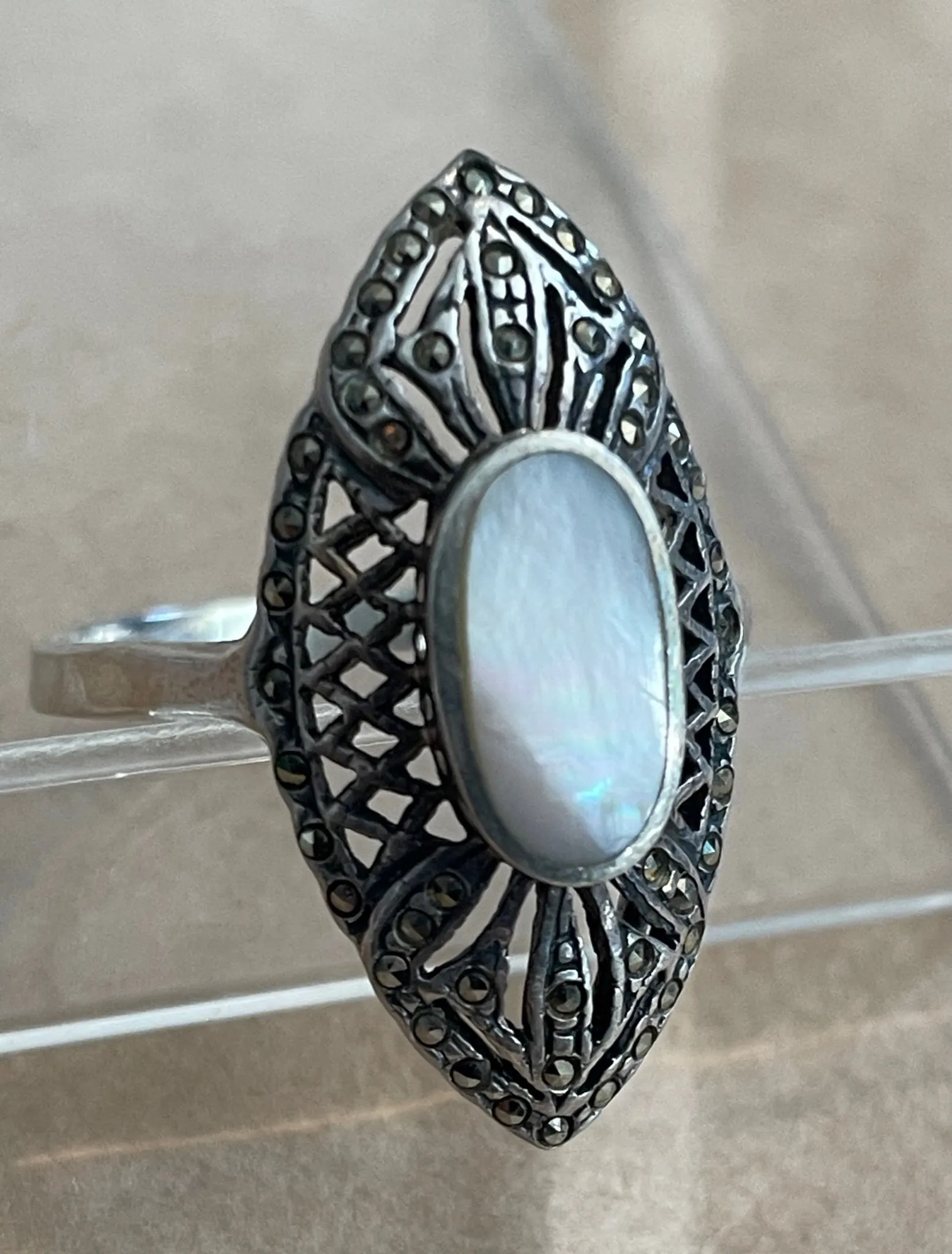 Sterling Silver 925 MOP Mother or Pearl Marcasite Navette Ring Sz 11.75