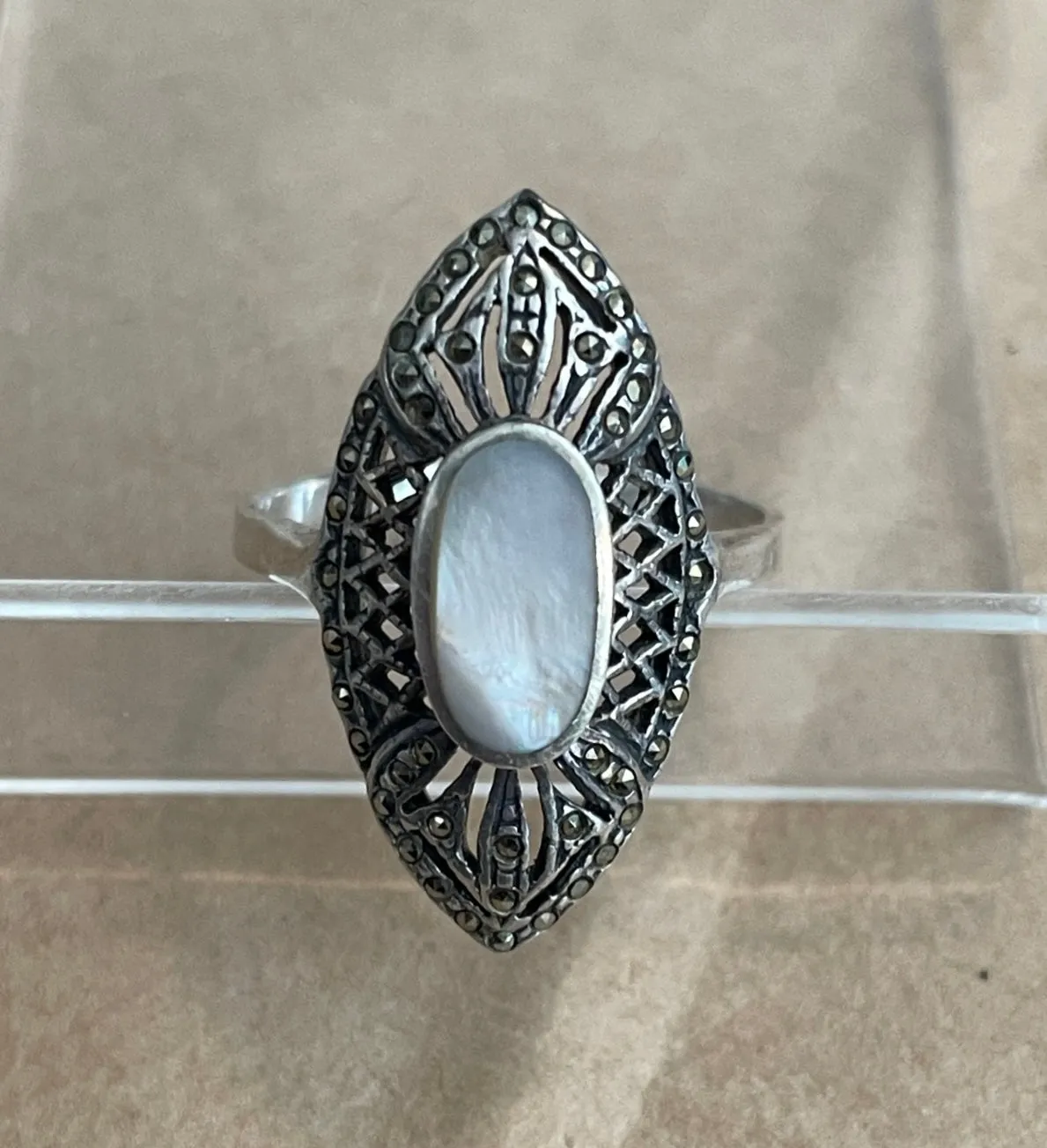 Sterling Silver 925 MOP Mother or Pearl Marcasite Navette Ring Sz 11.75