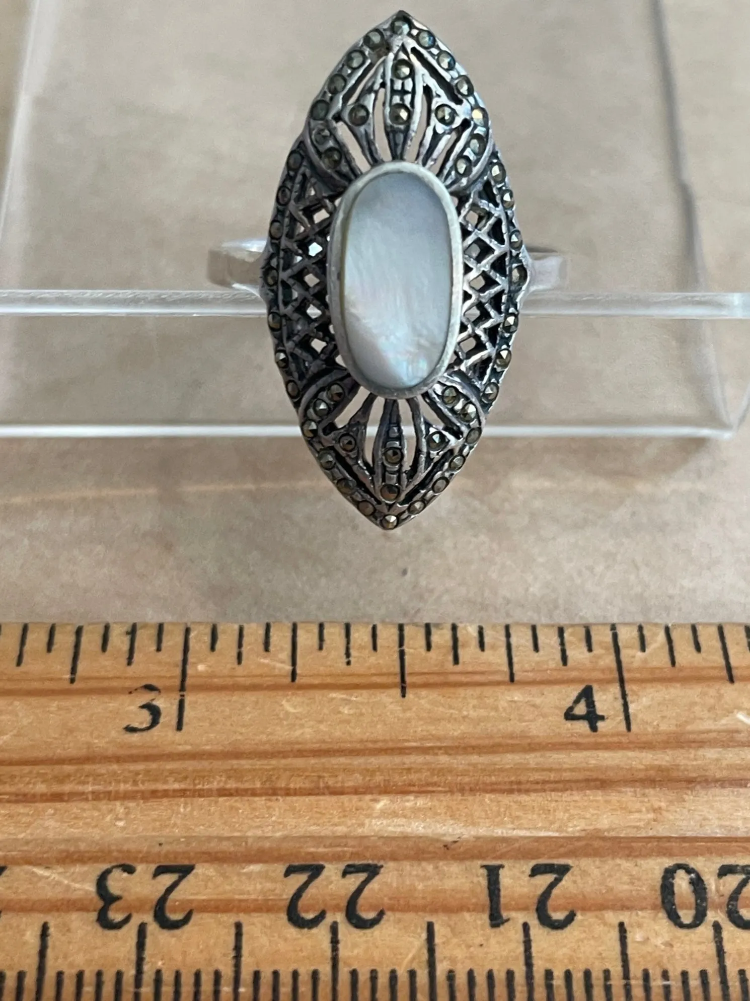 Sterling Silver 925 MOP Mother or Pearl Marcasite Navette Ring Sz 11.75