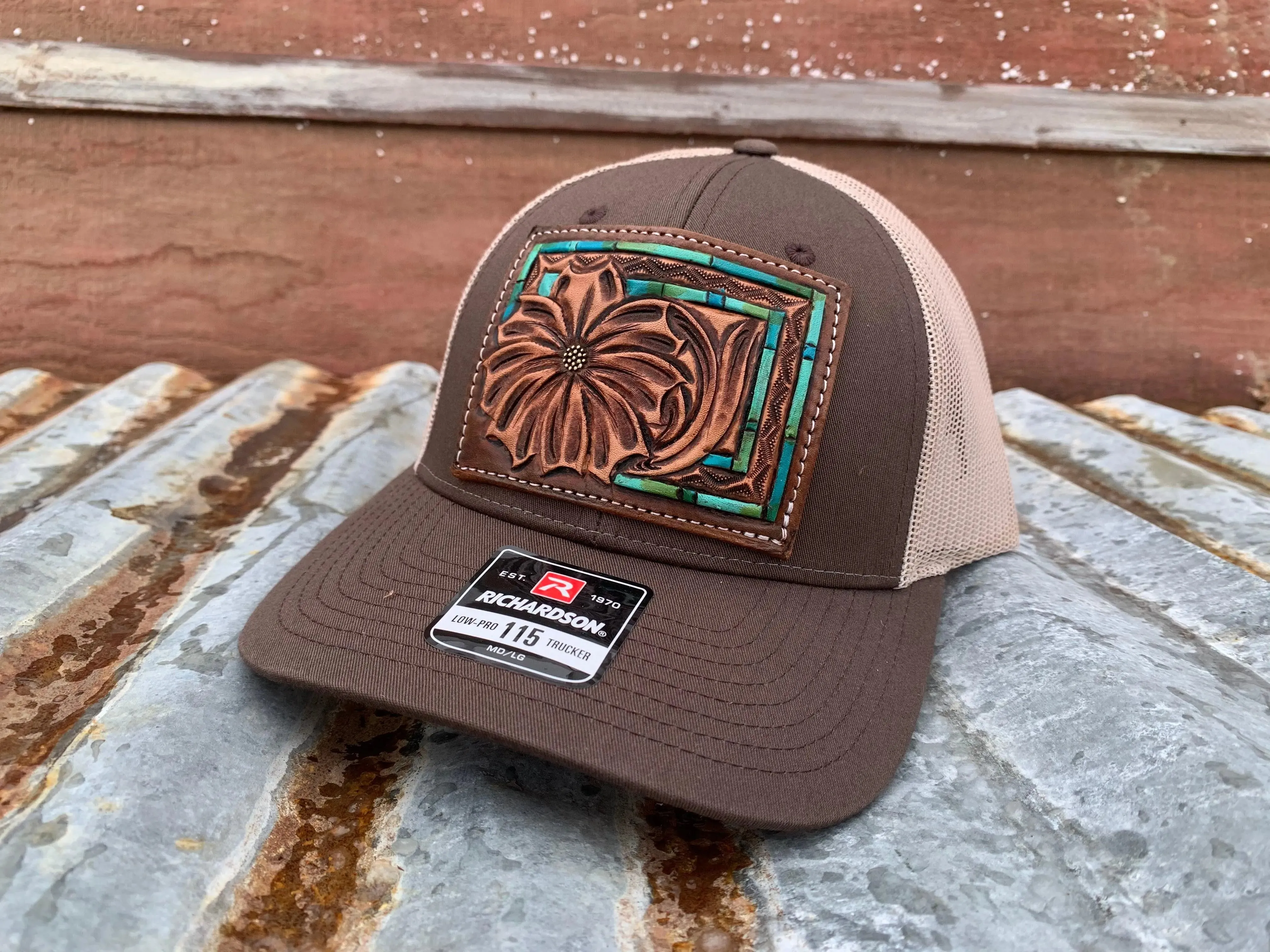 The Daisy Handtooled Leather Patch Cap with Turquoise Southwestern Border