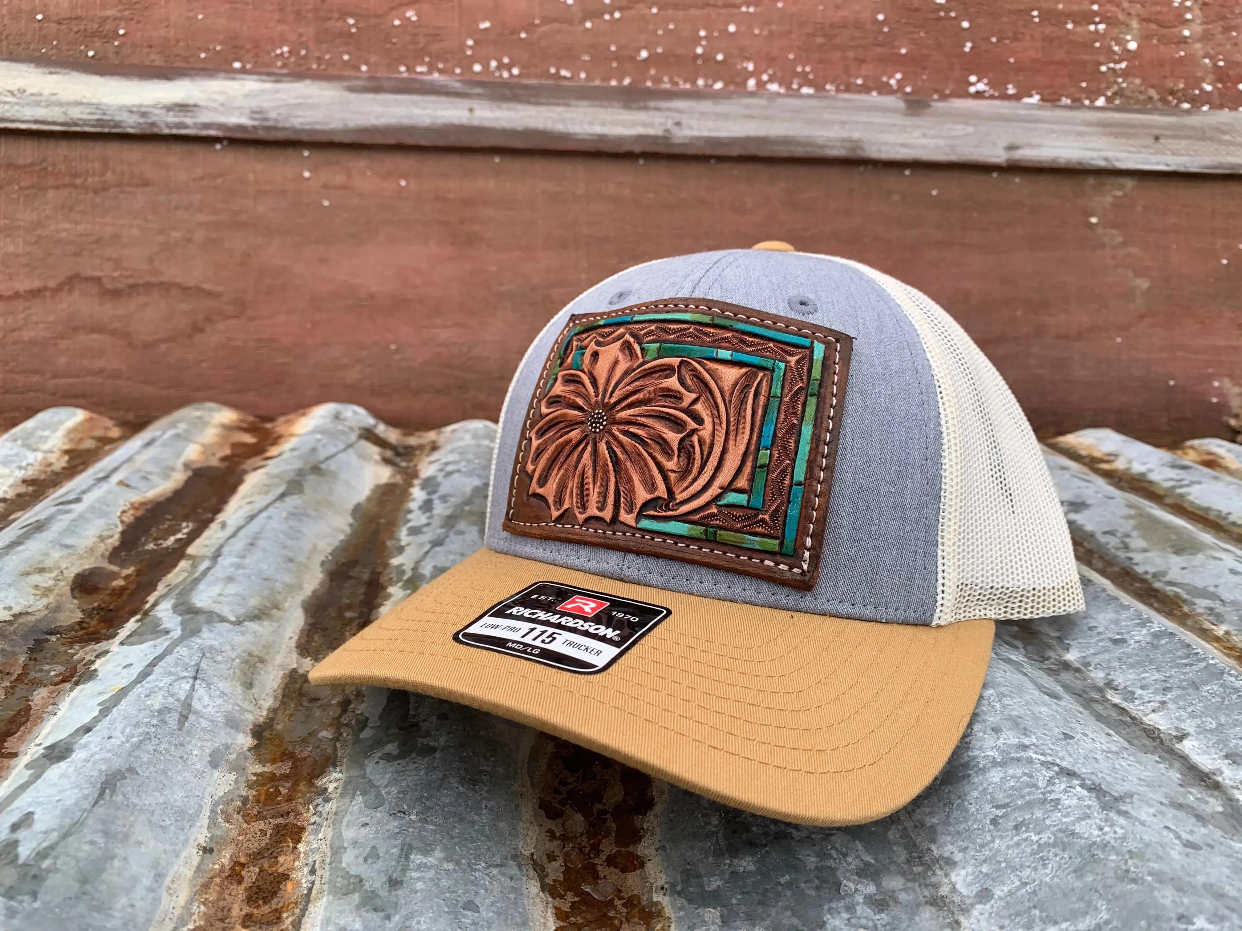 The Daisy Handtooled Leather Patch Cap with Turquoise Southwestern Border