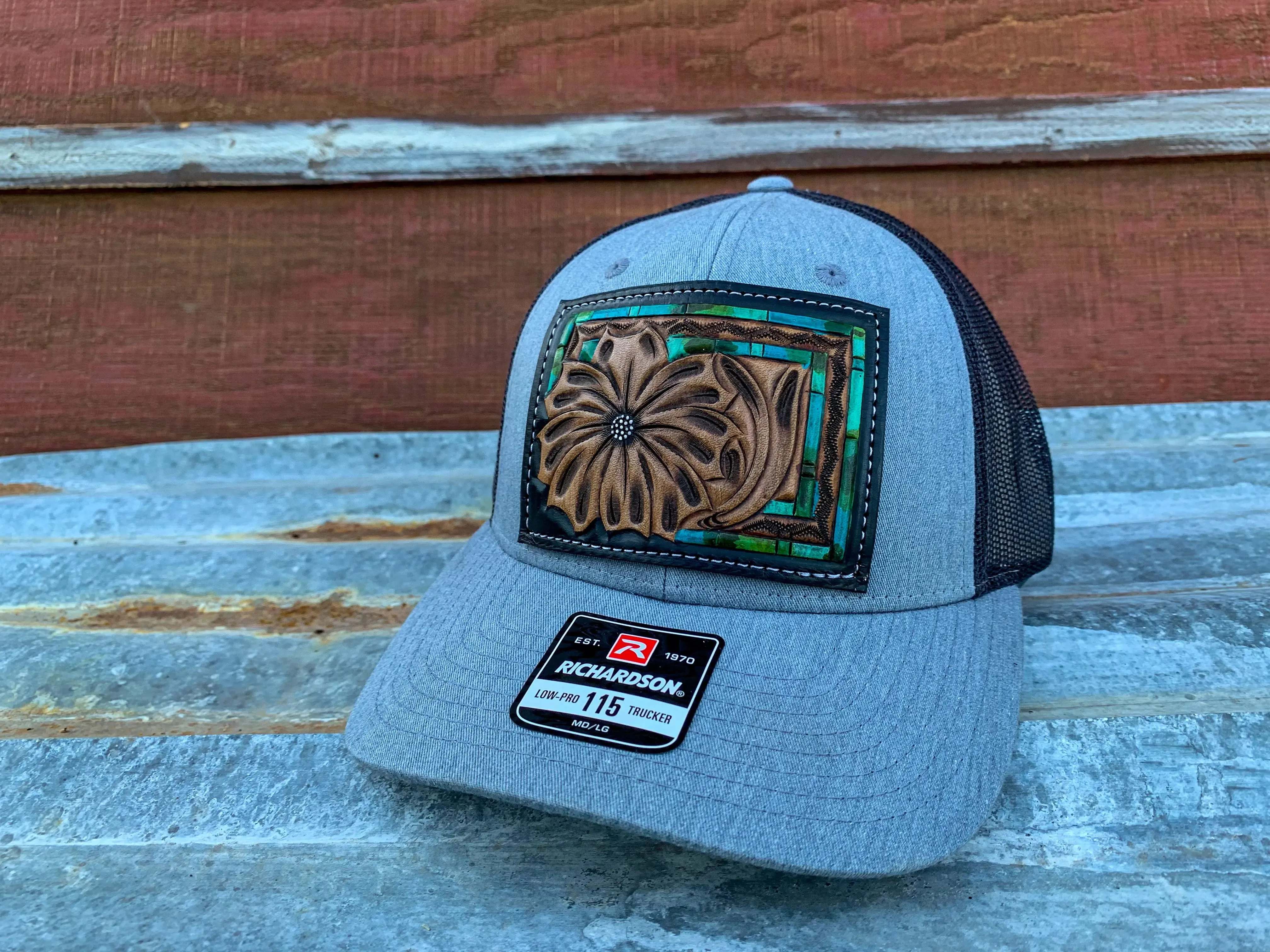 The Daisy Handtooled Leather Patch Cap with Turquoise Southwestern Border