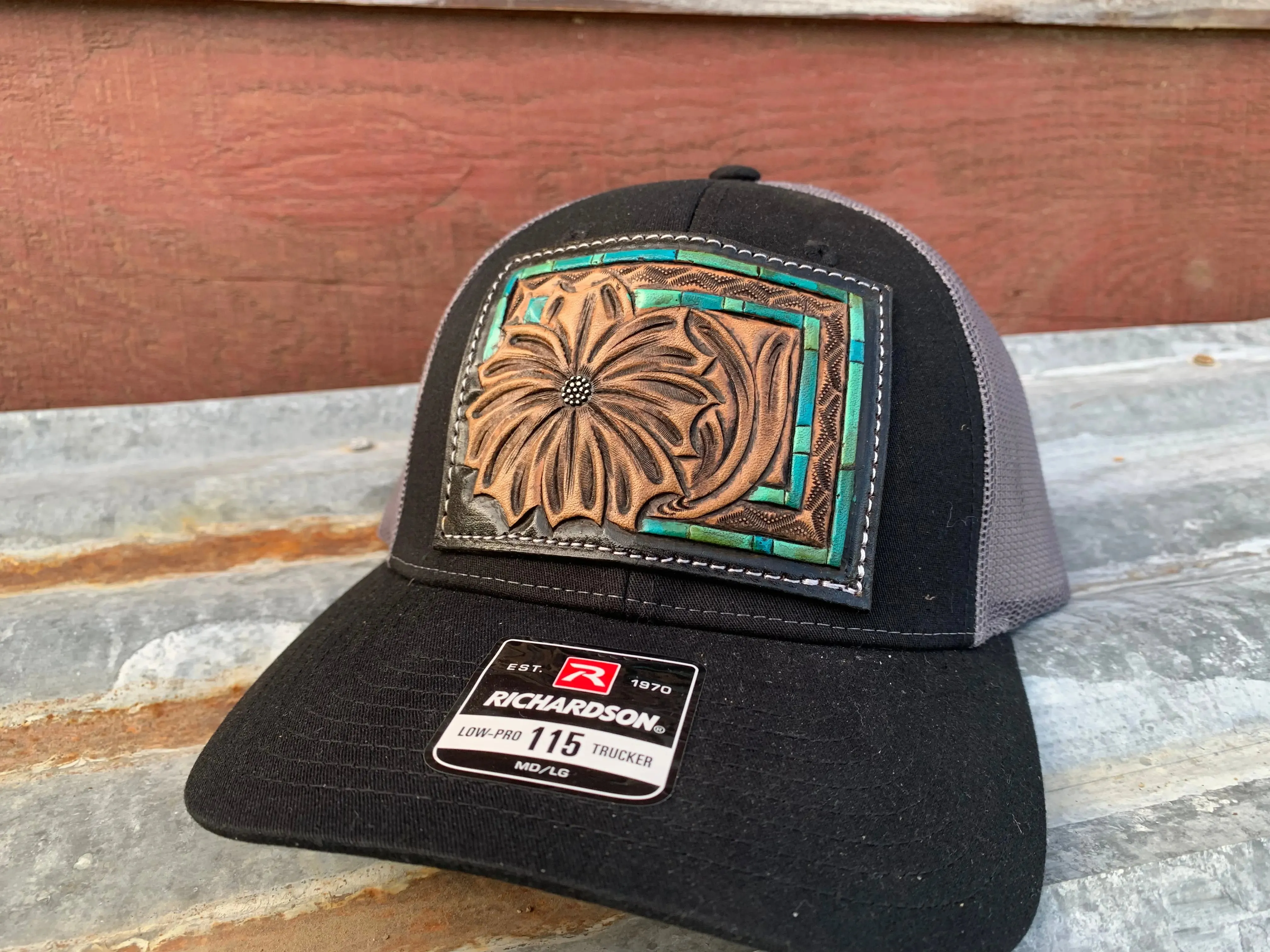 The Daisy Handtooled Leather Patch Cap with Turquoise Southwestern Border