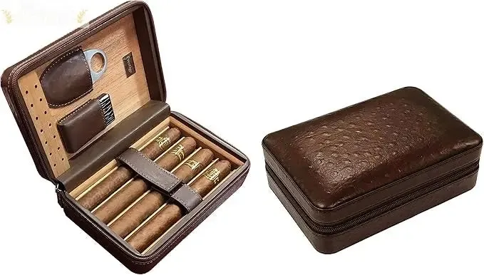 The Manhattan Ostrich Motif Leather Travel Humidor Cigar Case Gift Set with Zipper