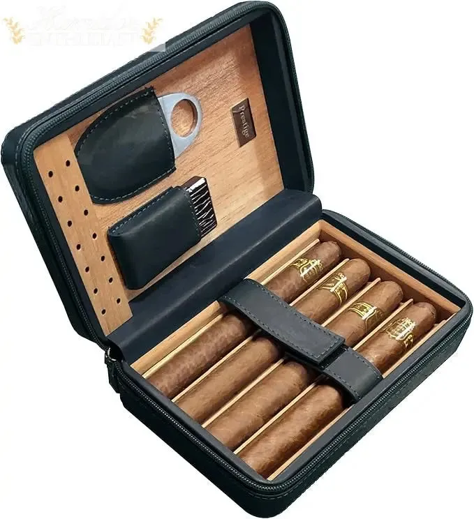 The Manhattan Ostrich Motif Leather Travel Humidor Cigar Case Gift Set with Zipper