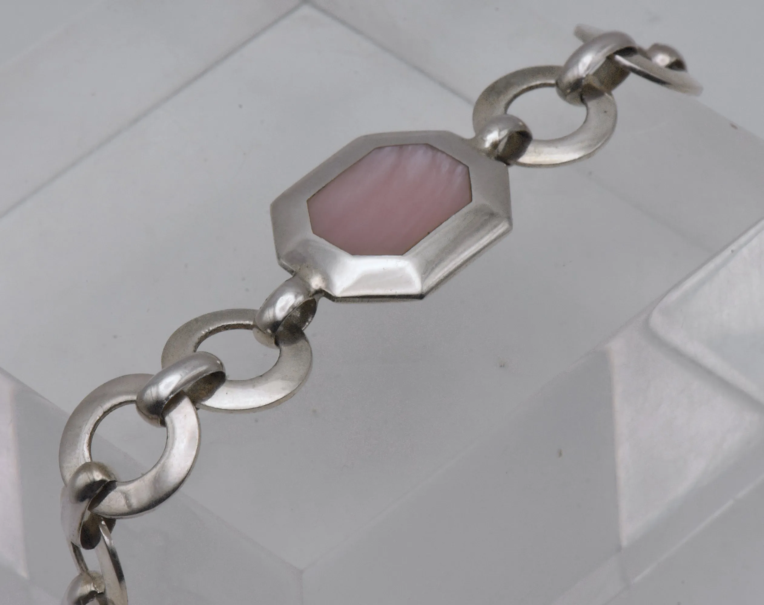 Vintage Sterling Silver and Pink Faux Mother of Pearl Link Bracelet - 7"