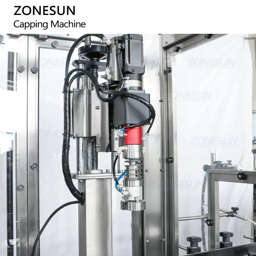 ZONESUN ZS-XG441F Automatic HDPE Jerry Can F-style Jug Gallon Bottle Screw Capping Machine With Cap Elevator Feeder For Engine Oil Chemical Liquid