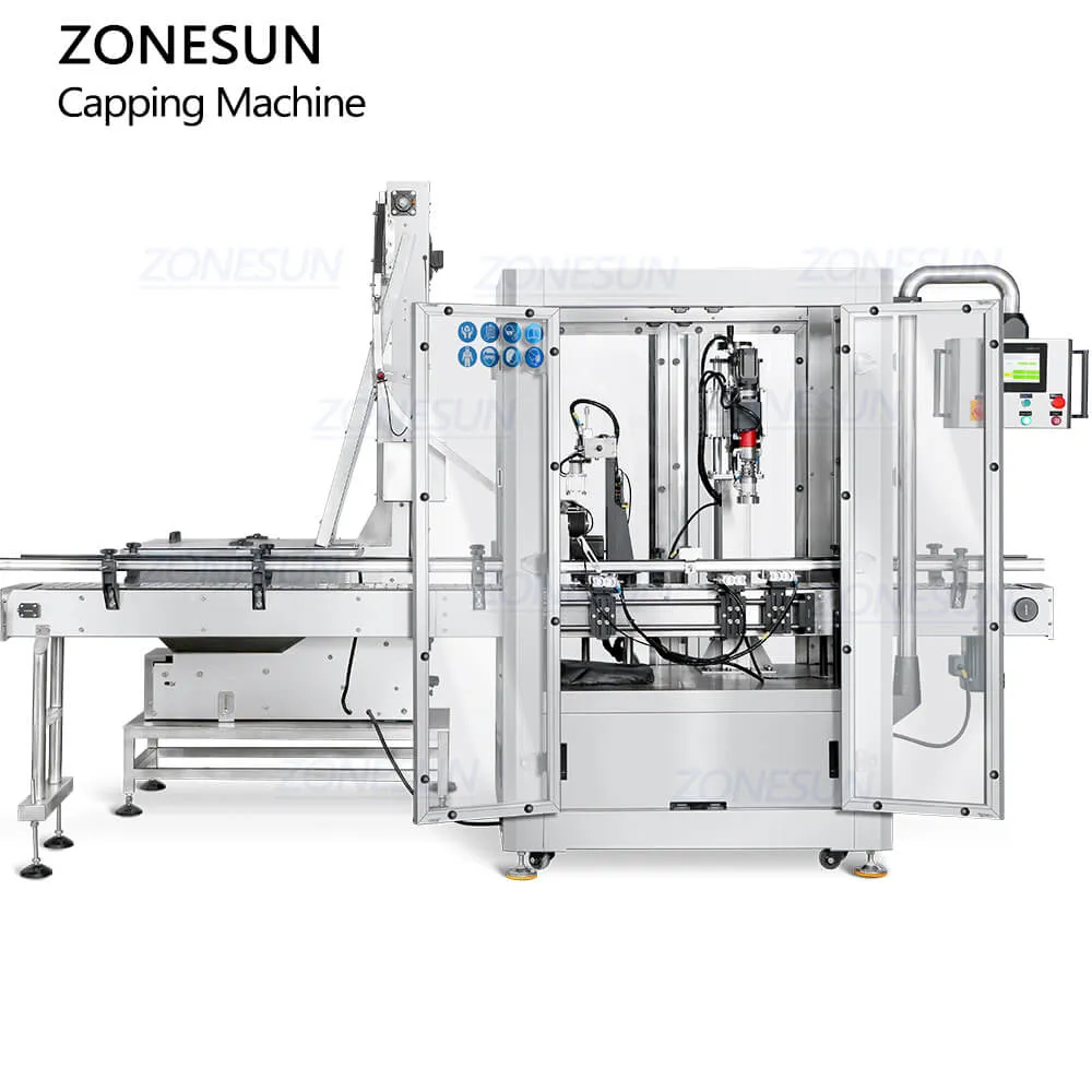 ZONESUN ZS-XG441F Automatic HDPE Jerry Can F-style Jug Gallon Bottle Screw Capping Machine With Cap Elevator Feeder For Engine Oil Chemical Liquid