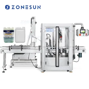 ZONESUN ZS-XG441F Automatic HDPE Jerry Can F-style Jug Gallon Bottle Screw Capping Machine With Cap Elevator Feeder For Engine Oil Chemical Liquid