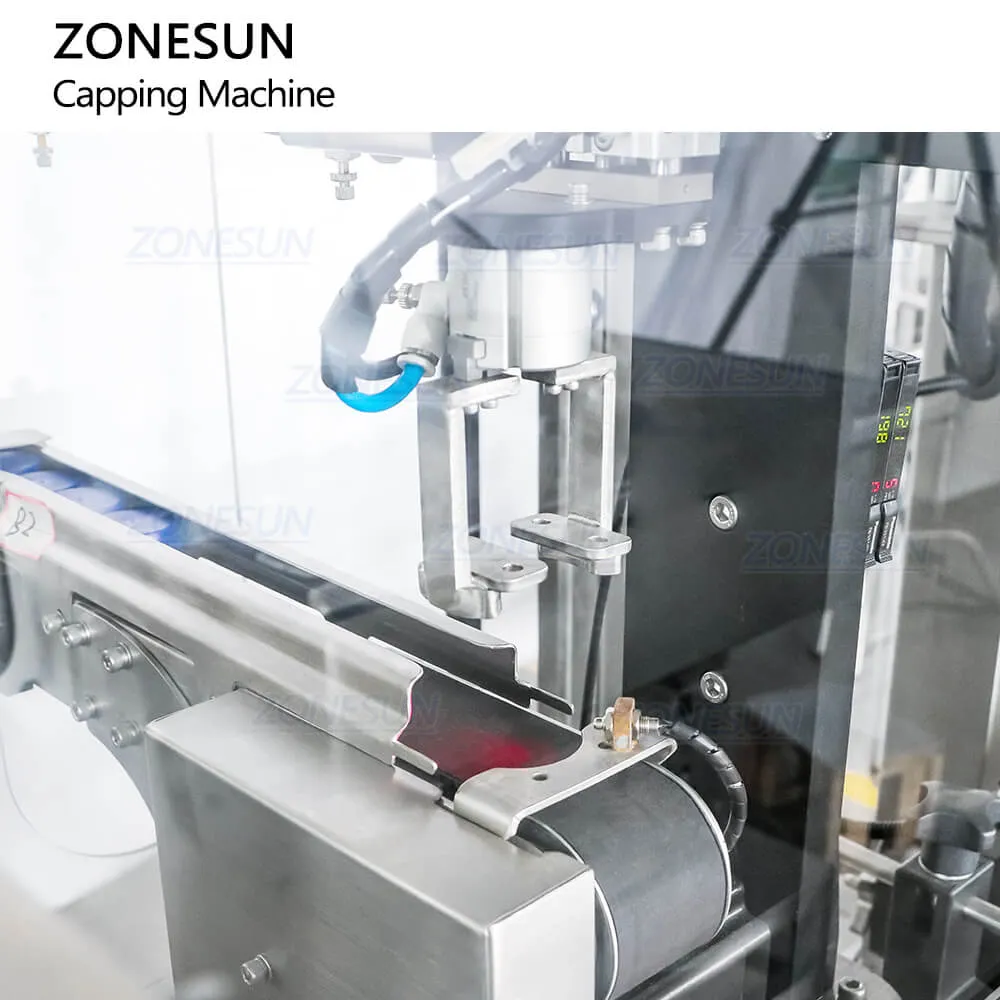 ZONESUN ZS-XG441F Automatic HDPE Jerry Can F-style Jug Gallon Bottle Screw Capping Machine With Cap Elevator Feeder For Engine Oil Chemical Liquid